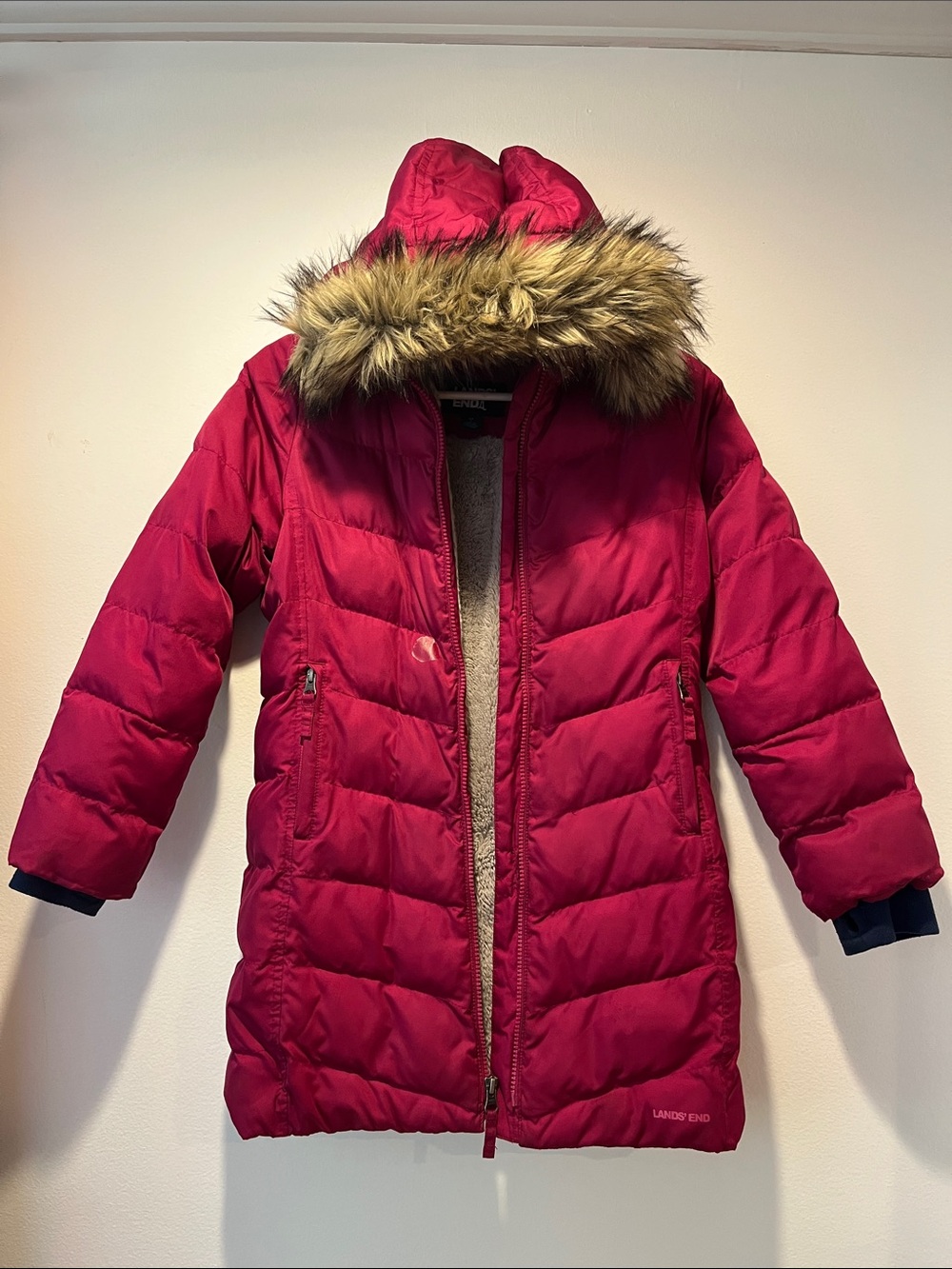 Lands' End Girls' Berry Long Puffer Coat with Faux Fur Hood & Lining